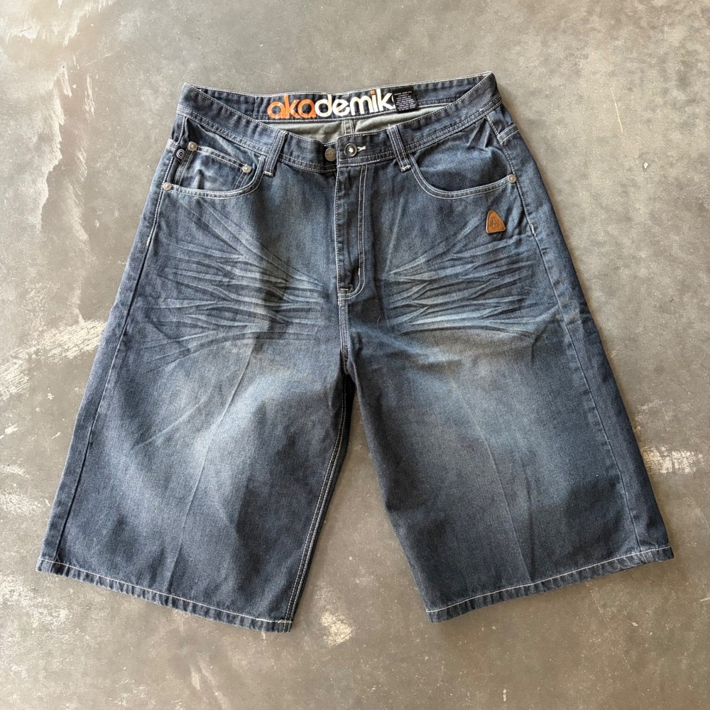 Akademiks Mens Baggy Denim Jean Shorts Blue Y2K Hip Hop Size 38